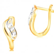 14K gold earrings - two-coloured leaf decorated with an indent and clear zircons