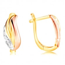 585 gold earrings - glistening leaf with zircons, yellow, white and rose gold
