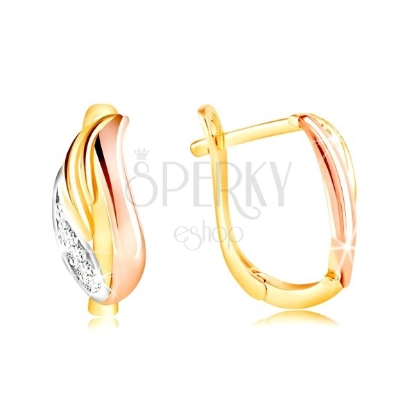 585 gold earrings - glistening leaf with zircons, yellow, white and rose gold