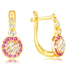 Earrings made of yellow 14K gold - sparkling flower of pink and clear zircons