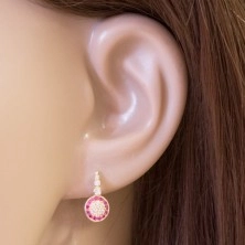Earrings made of yellow 14K gold - sparkling flower of pink and clear zircons