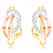 14K gold earrings - three-coloured leaf decorated with clear zircons