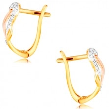 14K gold earrings - three-coloured leaf decorated with clear zircons
