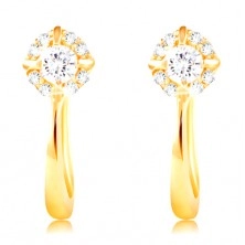 Yellow 585 gold earrings - sparkling zircon flower in clear colour