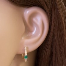 14K gold earrings - clear zircons line and dark green circular zircon
