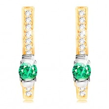 14K gold earrings - clear zircons line and dark green circular zircon