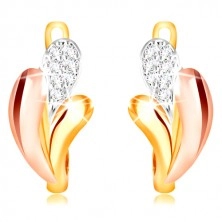 585 gold earrings - shiny drops of yellow, rose and white gold, zircons
