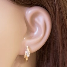 14K gold earrings - diagonal line of clear zircons between shiny stripes