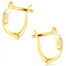 14K gold earrings - diagonal line of clear zircons between shiny stripes
