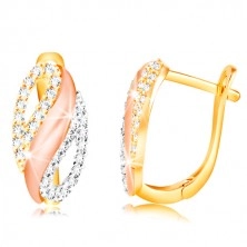585 gold earrings - oval with a wave and zircon drops, yellow, white and rose gold