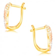 585 gold earrings - oval with a wave and zircon drops, yellow, white and rose gold