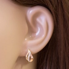 14K gold earrings - leaf of arches in three shades of gold, clear zircons