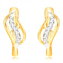 14K gold earrings - two-coloured flower with a line of clear zircons