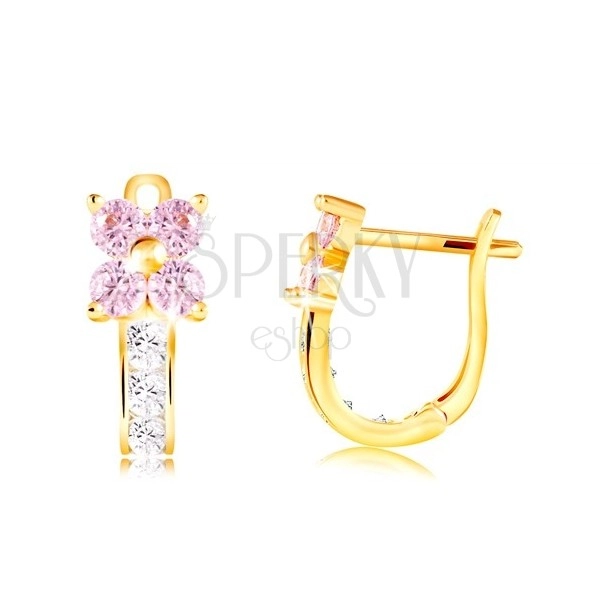 Earrings made of yellow 14K gold - zircon flower in light pink colour, clear stem