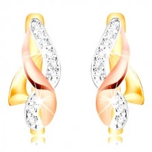 585 gold earrings - shiny waves of yellow, rose and white gold, zircons