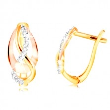 14K gold earrings - three-coloured entwined lines, sparkling zircons in clear colour