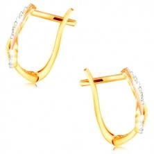 14K gold earrings - three-coloured entwined lines, sparkling zircons in clear colour