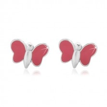 Stud earrings, 925 silver - shiny butterfly with pink glaze