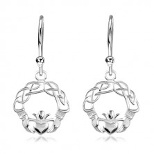 925 silver earrings, intricate lines, hands and heart with crown, hooks