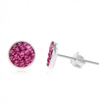925 silver earrings, sparkling circle inlaid with fuchsia zircons