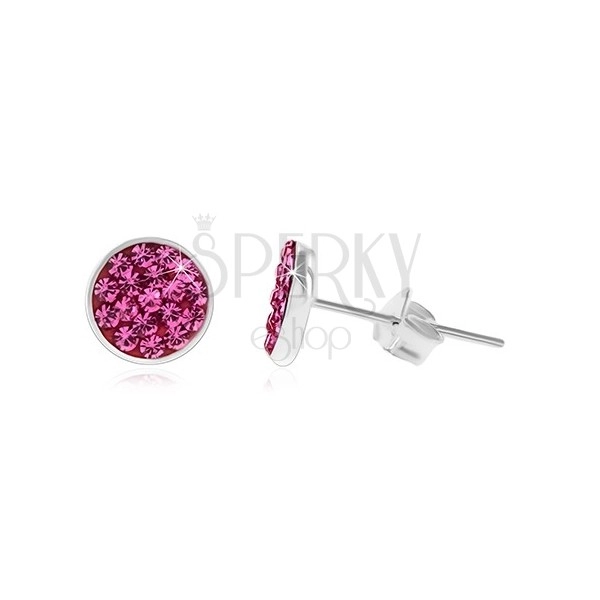 925 silver earrings, sparkling circle inlaid with fuchsia zircons