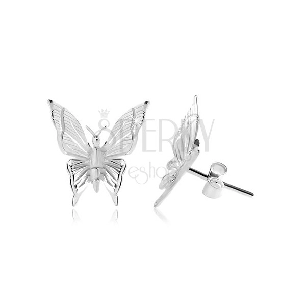 925 silver earrings, butterfly with engraved indents on wings