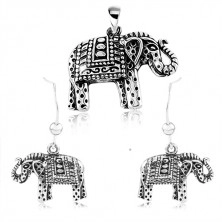 925 silver set, earrings and pendant, engraved elephant with black patine