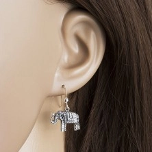 925 silver set, earrings and pendant, engraved elephant with black patine