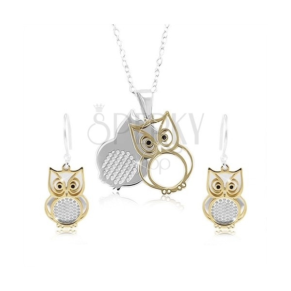 925 silver set, double owl in silver and gold colour
