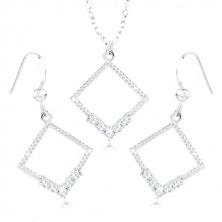 Set of earrings and necklace - silver 925, rhombus contour, clear zircons, notches