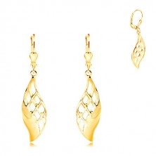 Yellow 14K gold earrings - big shiny leaf decorated with lattice