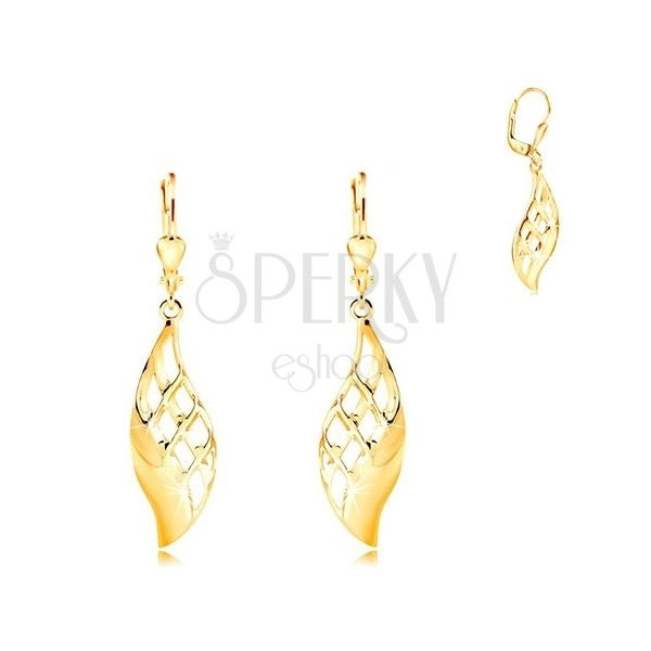 Yellow 14K gold earrings - big shiny leaf decorated with lattice