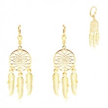 Yellow 585 gold earrings - engraved dreamcatcher with three feathers