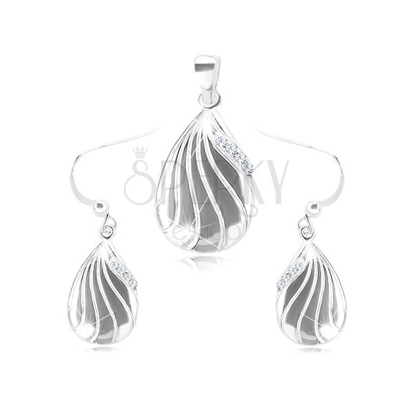925 silver set - earrings and a pendant, engraved drop with clear zircons