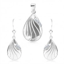 925 silver set - earrings and a pendant, engraved drop with clear zircons