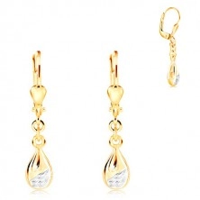 14K gold earrings - shiny drop with matte cut part of white gold