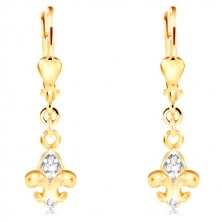 14K gold earrings - two-coloured Fleur de Lis symbol, clear zircons