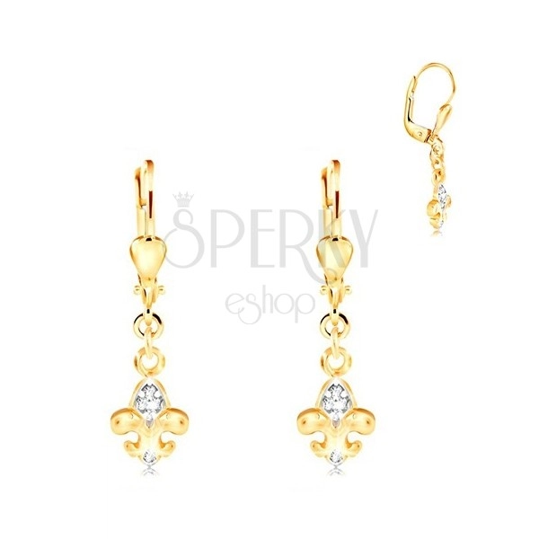 14K gold earrings - two-coloured Fleur de Lis symbol, clear zircons