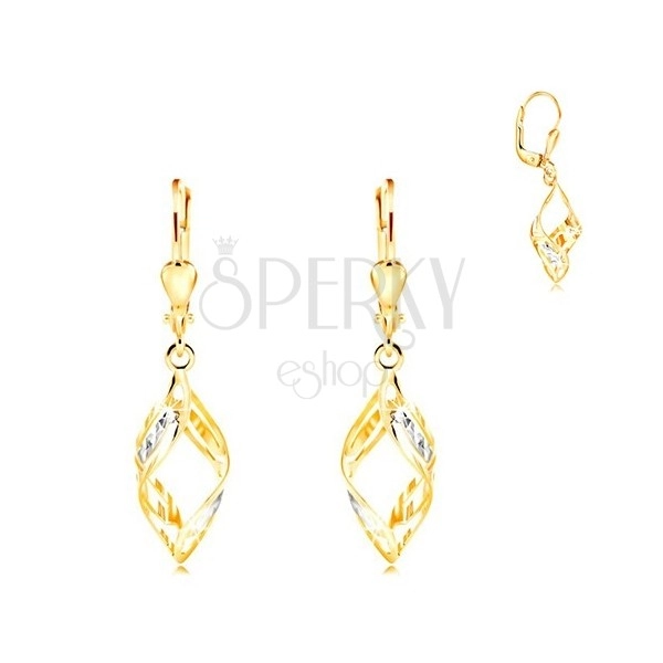 585 gold earrings - wider two-coloured waves decorated with indents