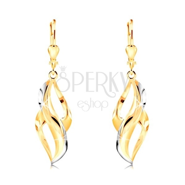 585 gold earrings - curved leaf with stripes of white gold and two cuts