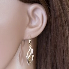 585 gold earrings - curved leaf with stripes of white gold and two cuts