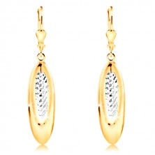 14K gold earrings - dangling oval decorated with tiny indents and white gold 