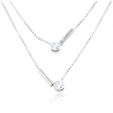 925 silver necklace, double chain, round clear zircons and sticks 