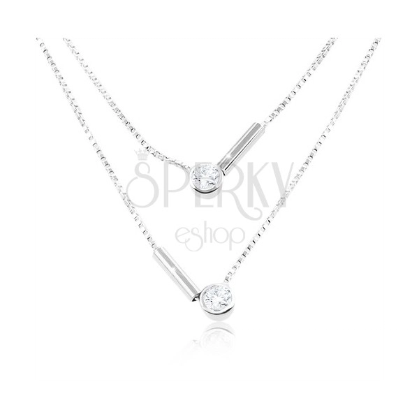 925 silver necklace, double chain, round clear zircons and sticks 