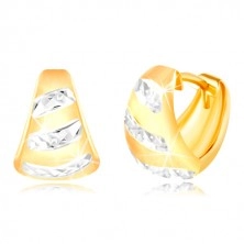 Gold 14K earrings – widened matt arc, shiny stripes made of white gold