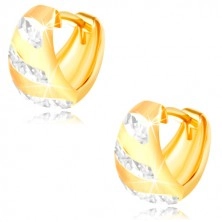 Gold 14K earrings – widened matt arc, shiny stripes made of white gold