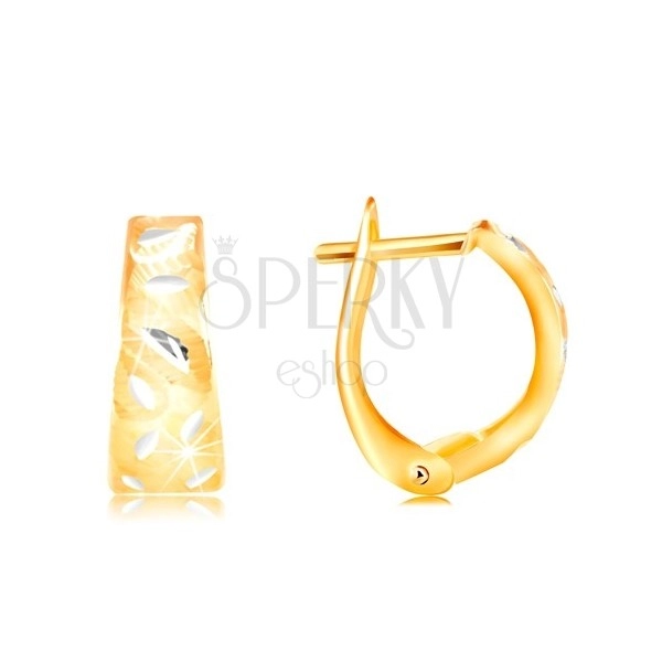 14K gold earrings - matt arc with shiny leaves made of white gold