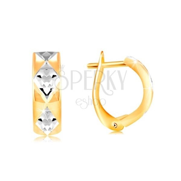 Earrings made of 14K gold - shiny arc adorned with rhombuses in white gold