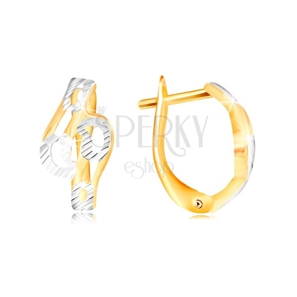 585 gold earrings - shiny wavy lines decorated with cuts and white gold