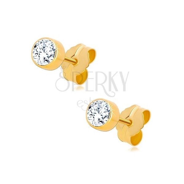 Earrings in 585 yellow gold - round clear zircon in a mount, 4 mm